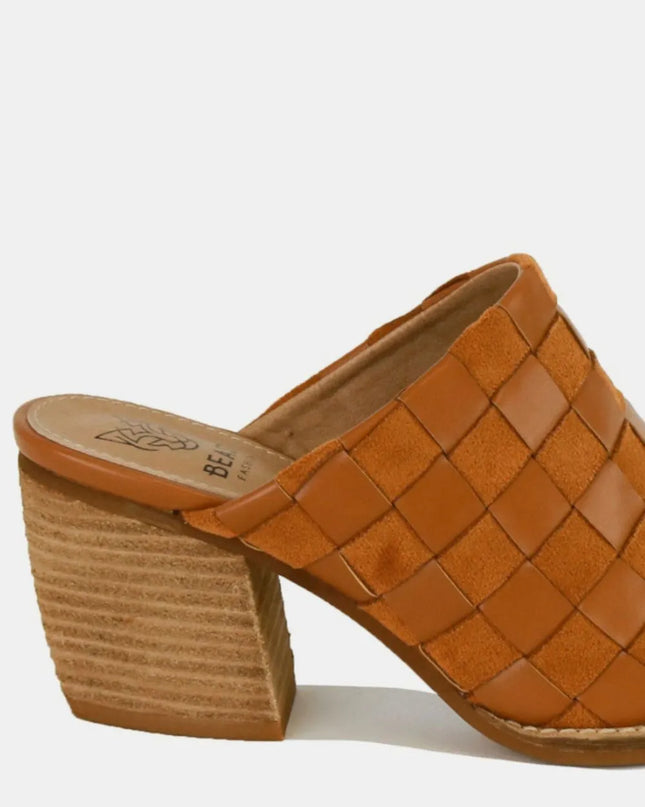 Beast Fashion Woven Checkerboard Block Heel Mule Shoes