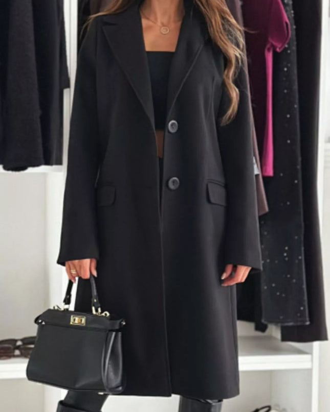Lapel Collar Long Sleeve Coat Black