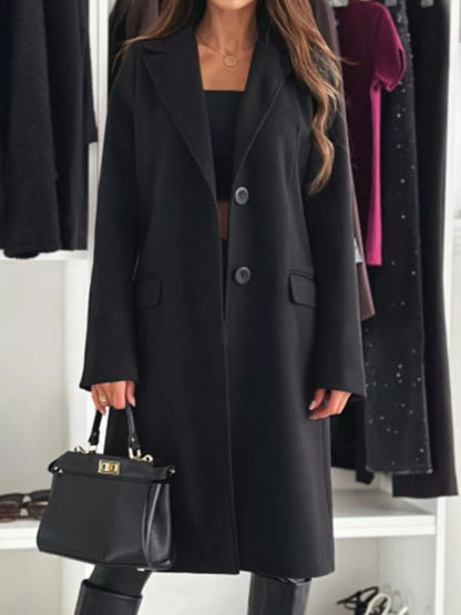 Lapel Collar Long Sleeve Coat Black