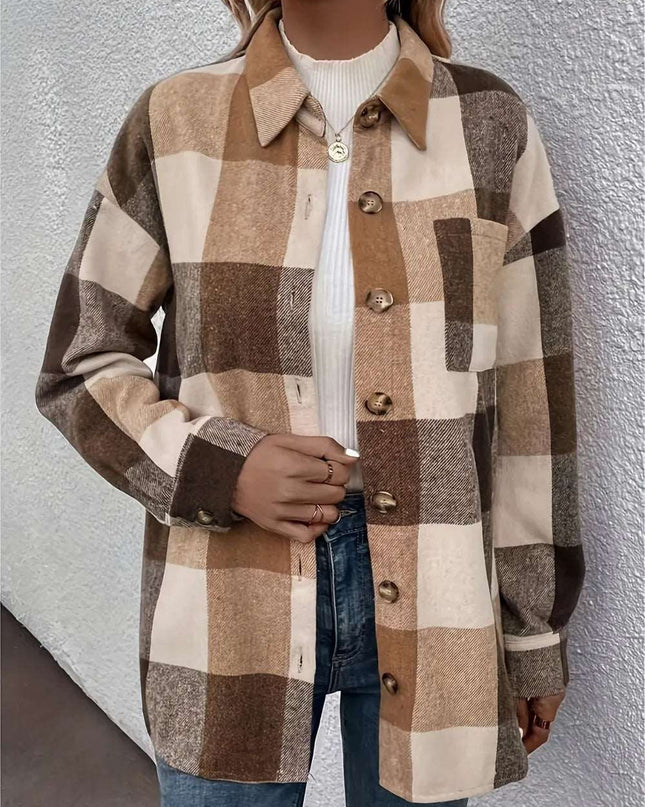 Curved Hem Plaid Collared Neck Shacket Camel