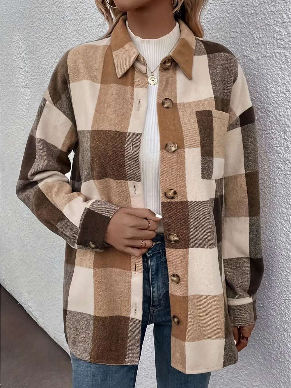 Curved Hem Plaid Collared Neck Shacket Camel