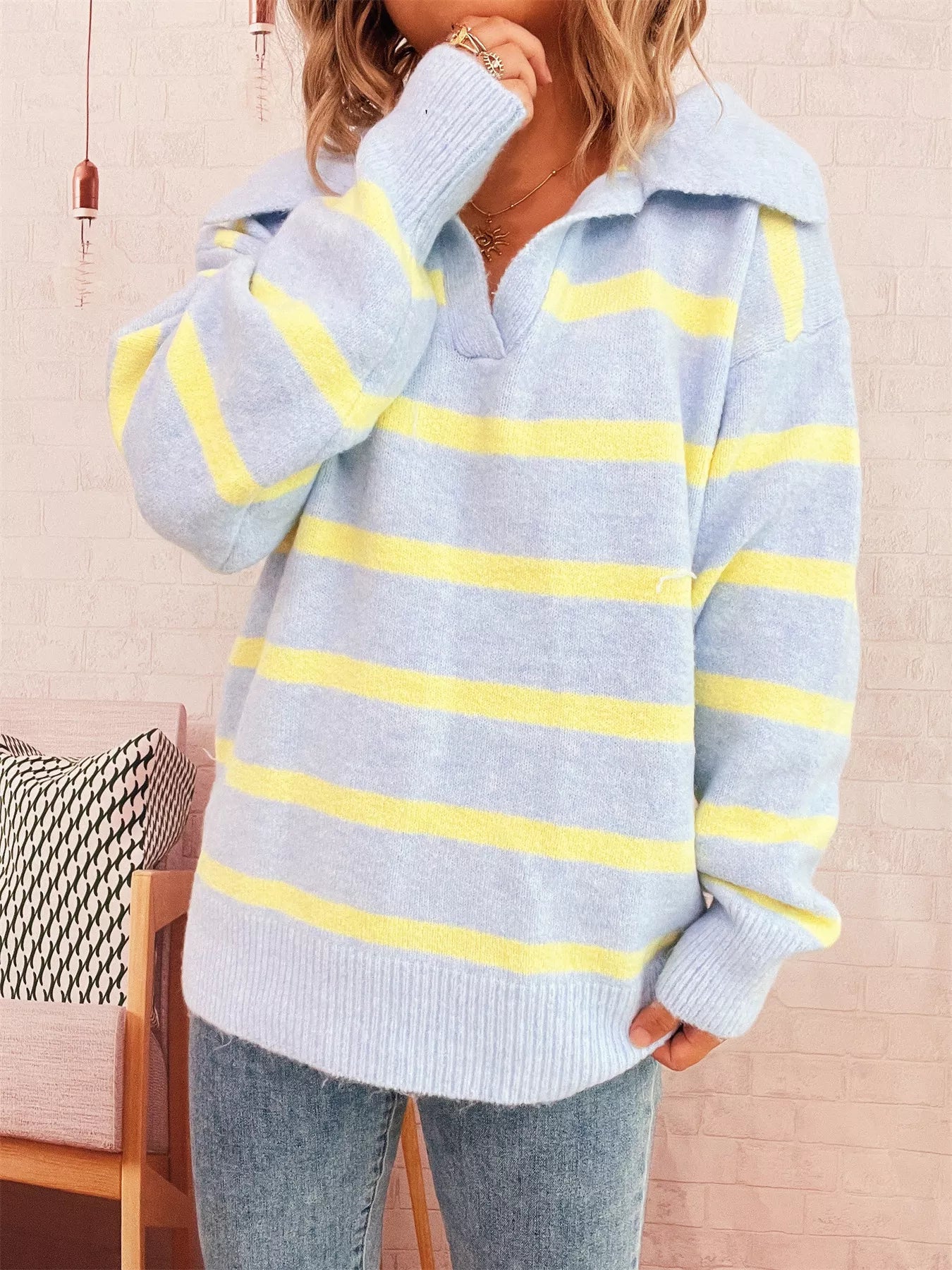 Striped Dropped Shoulder Sweater Light Blue One Size