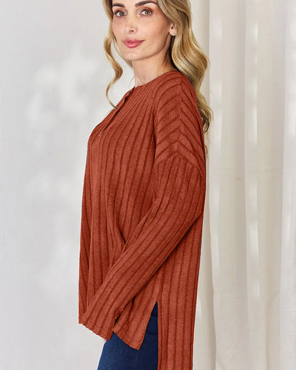 Basic Bae Full Size Ribbed Half Button Long Sleeve High-Low T-Shirt