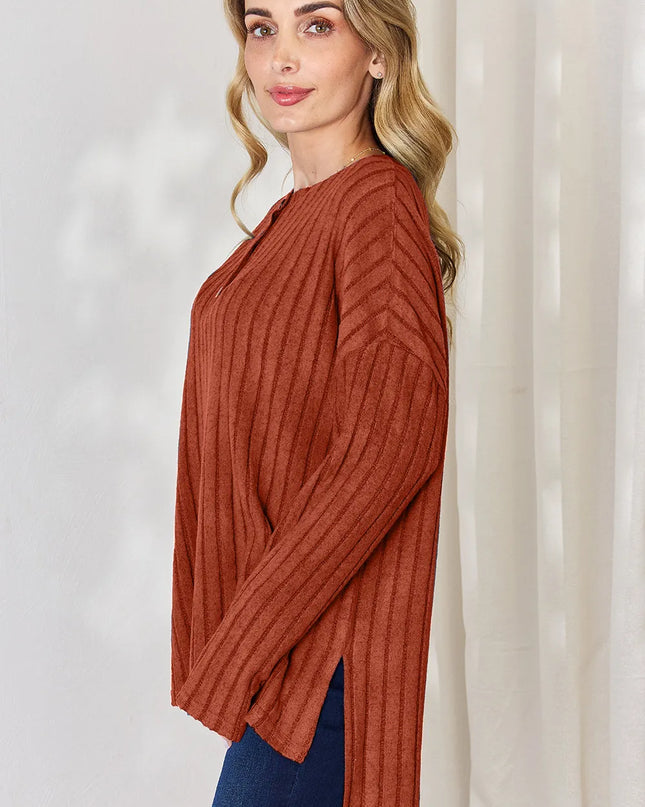 Basic Bae Full Size Ribbed Half Button Long Sleeve High-Low T-Shirt