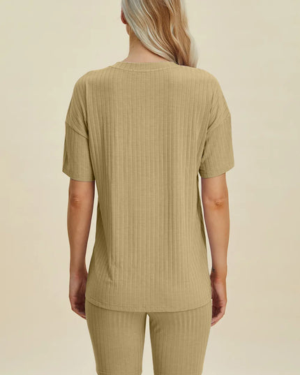 Basic Bae Full Size Ribbed V-Neck Short Sleeve Top and Shorts Set