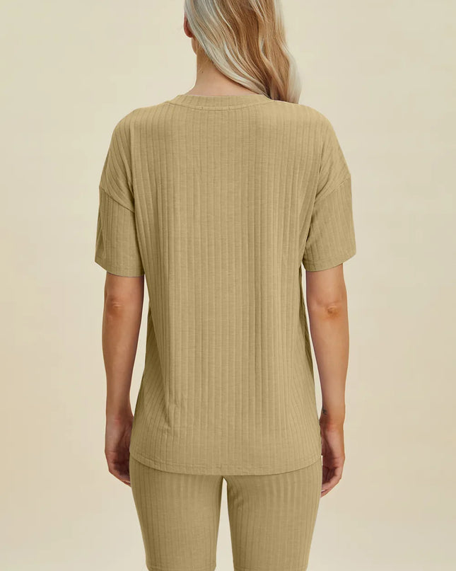 Basic Bae Full Size Ribbed V-Neck Short Sleeve Top and Shorts Set