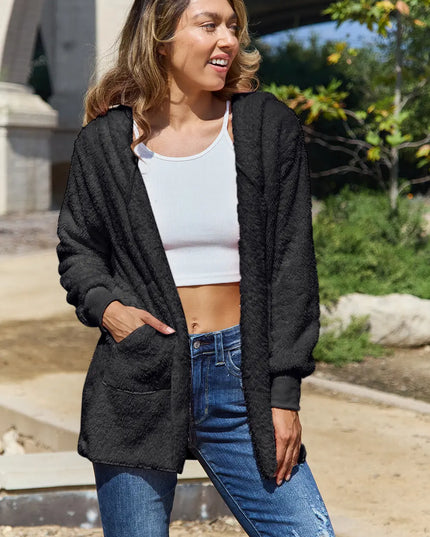 Full Size Teddy Hooded Jacket with Pockets Dark Gray