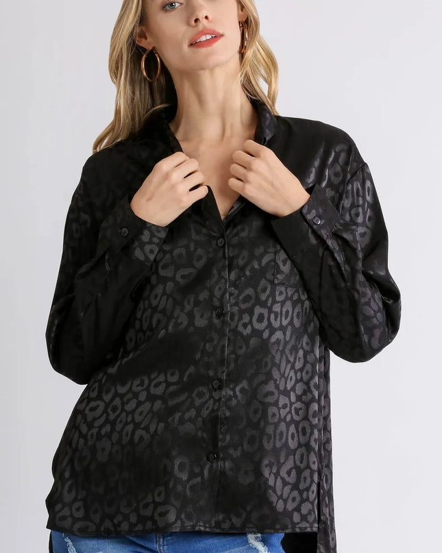 Umgee Full Size Animal Jacquard Print Button Up Long Sleeve Shirt Plus Size Black