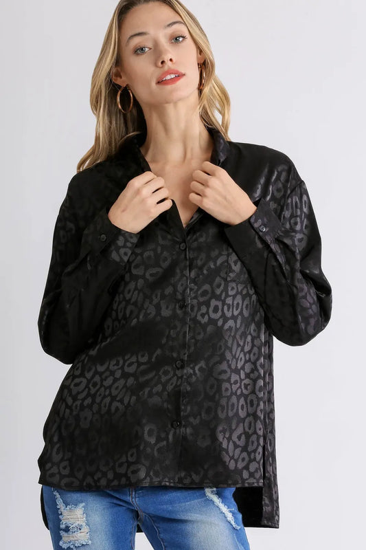 Umgee Full Size Animal Jacquard Print Button Up Long Sleeve Shirt Plus Size Black