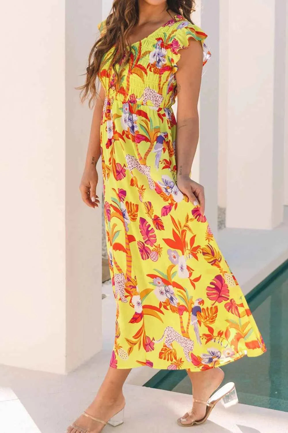 Cheetah Plant Print Shirred Button V Neck Maxi Dress