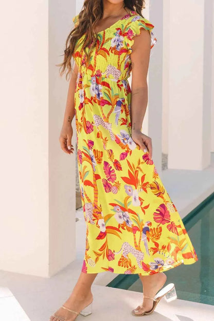 Cheetah Plant Print Shirred Button V Neck Maxi Dress