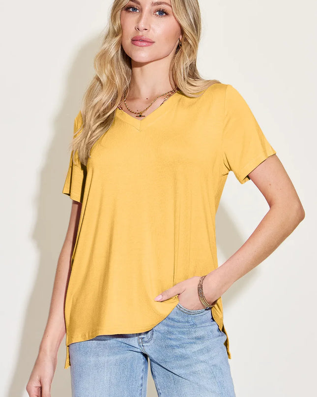 Basic Bae Bamboo Full Size V-Neck High-Low T-Shirt Yellow