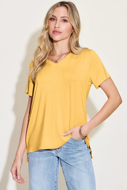 Basic Bae Bamboo Full Size V-Neck High-Low T-Shirt Yellow