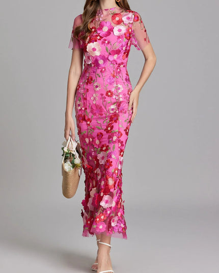 Floral Embroidered Mesh Overlay Maxi Dress