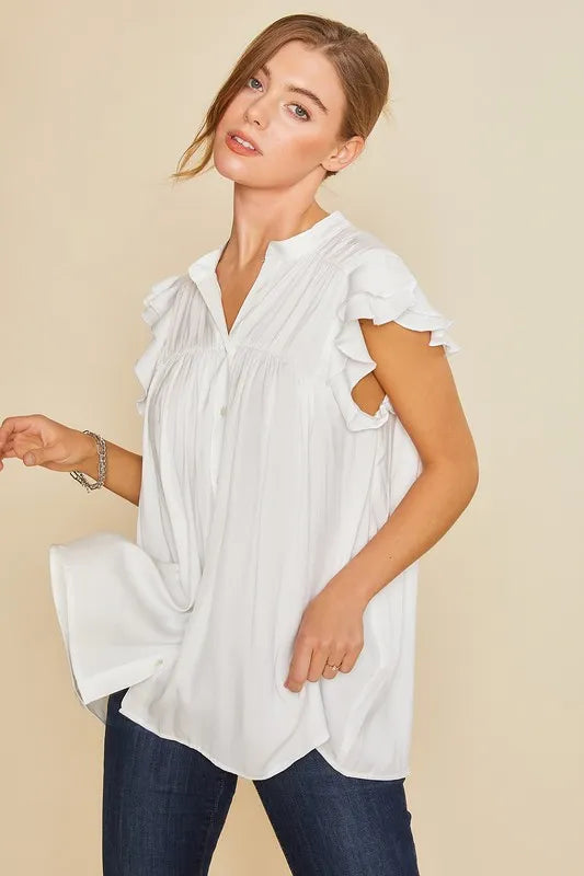 Annie Wear Ruffle Sleeve Shirred Flowy Woven Tunic Shirts