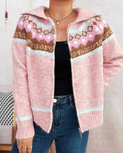 Fair Isle Pattern Zip-Up Cardigan Pink One Size