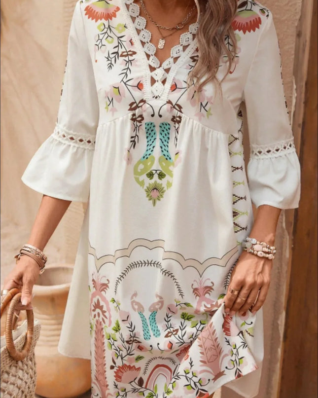 Lace Detail Printed Three-Quarter Sleeve Dress
