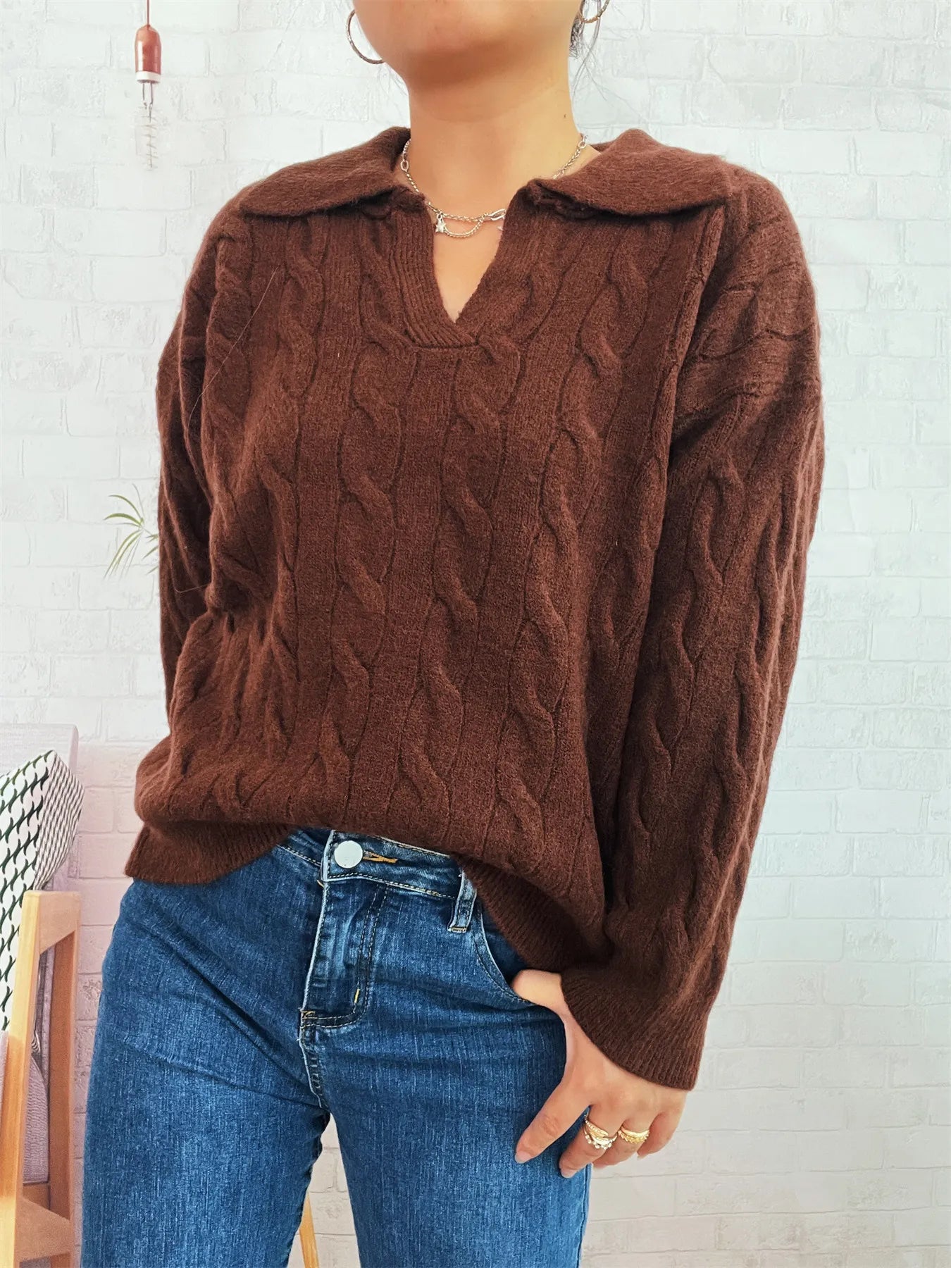 Cable Knit Johnny Collar Sweater