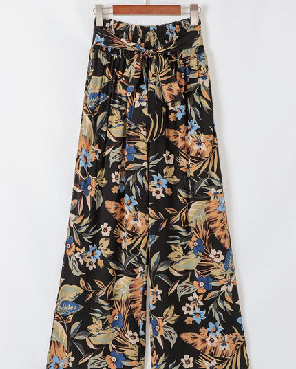 Floral Shirred High Waist Wide Leg Pants with Tie