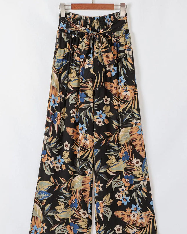 Floral Shirred High Waist Wide Leg Pants with Tie