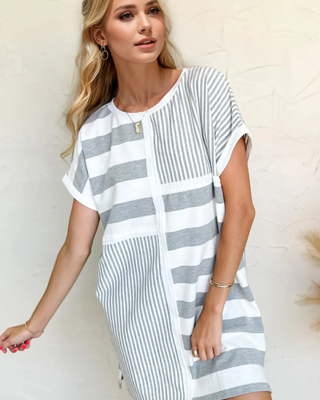 Oh Full Size Striped Round Neck Short Sleeve Mini Tee Dress