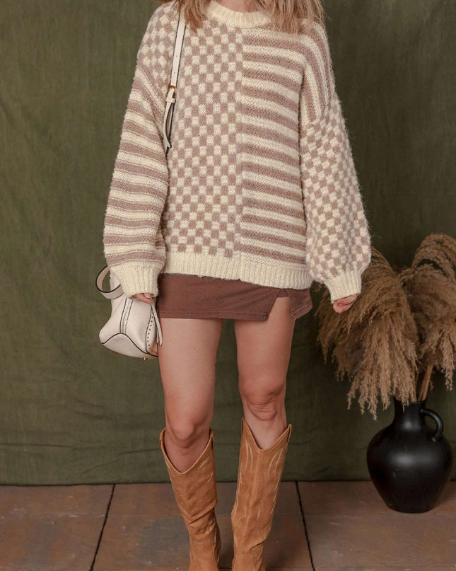 Stripe Checkerboard Drop Shoulder Balloon Sleeve Sweater
