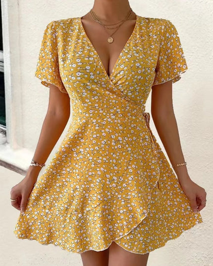 Floral Flutter Sleeve Wrap Mini Dress