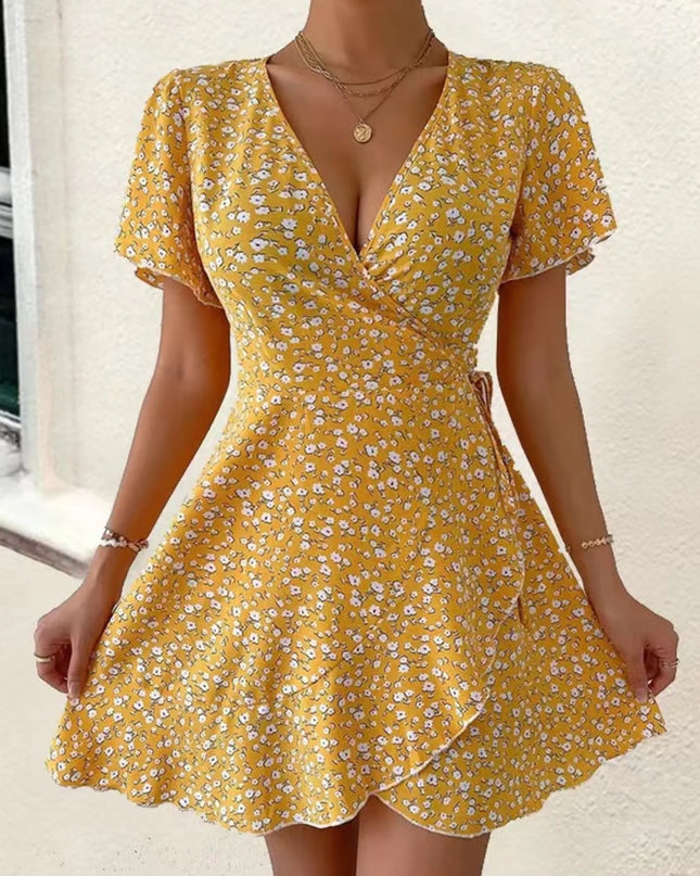 Floral Flutter Sleeve Wrap Mini Dress