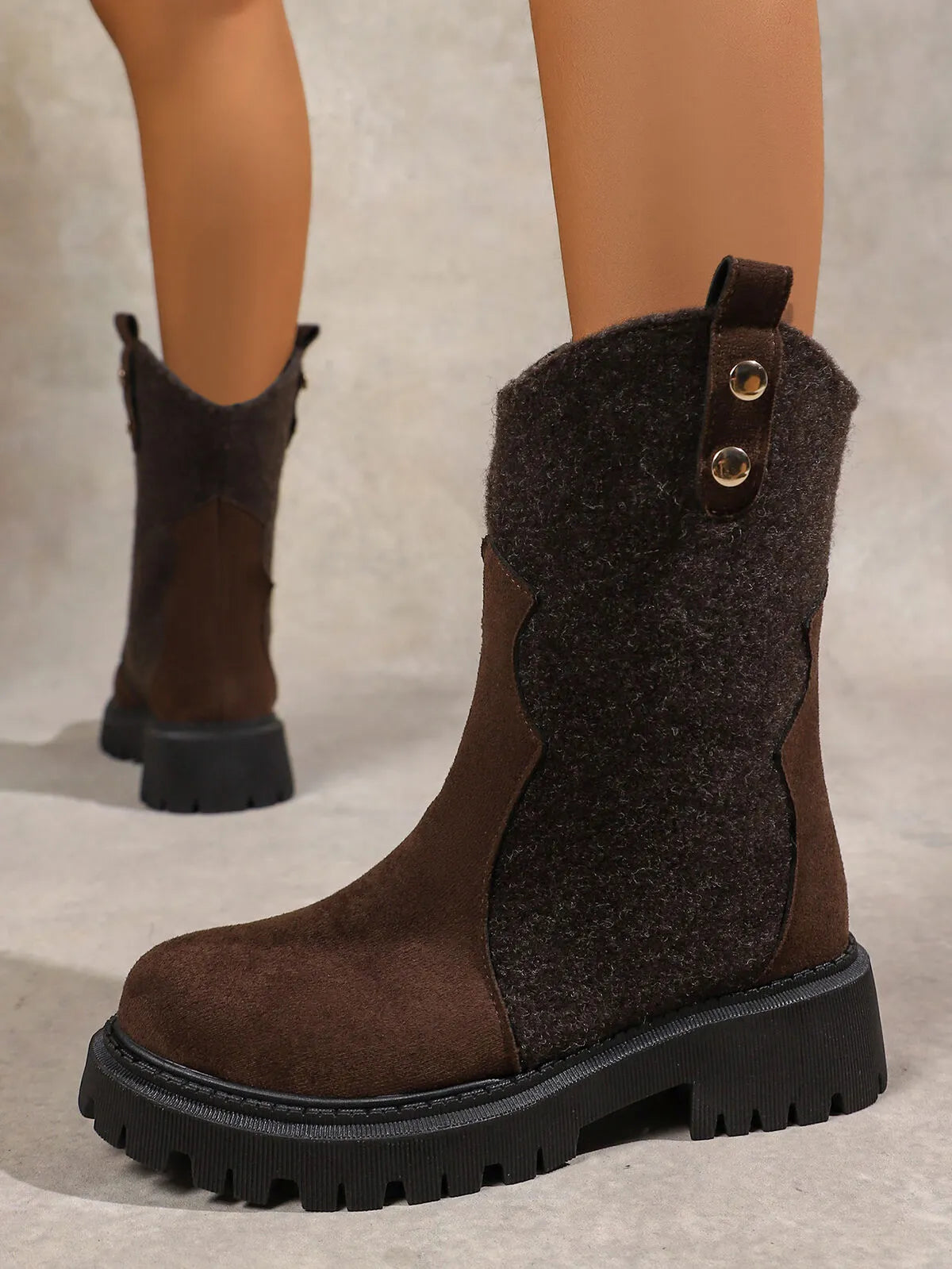 Round Toe Platform Boots Coffee Brown