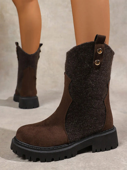 Round Toe Platform Boots Coffee Brown