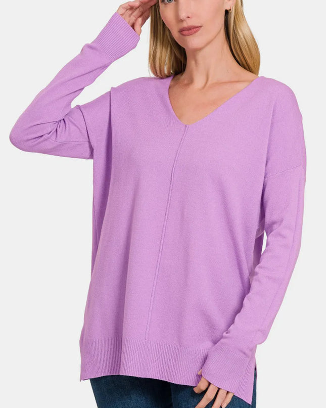 Zenana Slit V-Neck Dropped Shoulder Sweater BLAVENDER