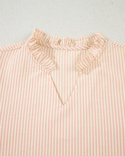 Stripe Bow Knot Cuff Pearl Embellished Puff Sleeve V Neck Blouse