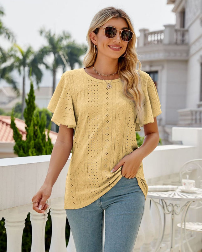 Eyelet Flutter Sleeve Round Neck Top