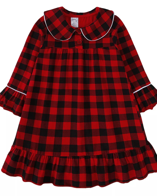 Children's Plaid Ruffle Hem Long Sleeve Dress Deep Red