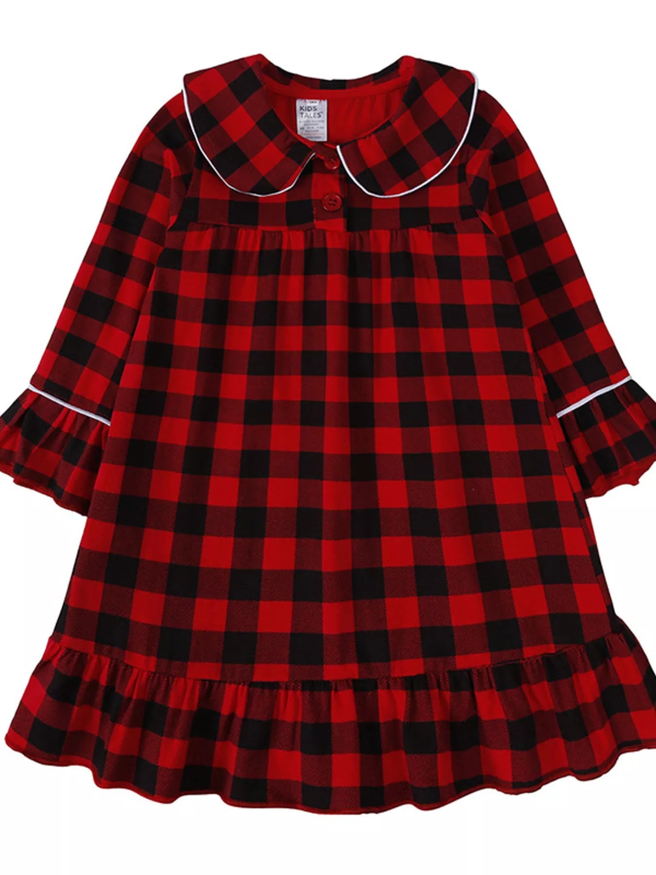 Children's Plaid Ruffle Hem Long Sleeve Dress Deep Red