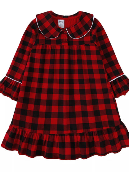 Children's Plaid Ruffle Hem Long Sleeve Dress Deep Red