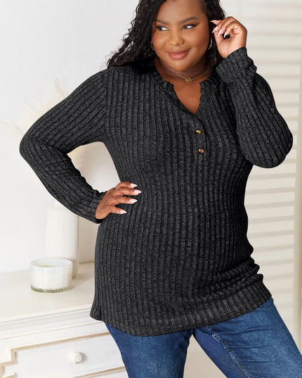 Double Take Notched Neck Ribbed Long Sleeve T-Shirt Black