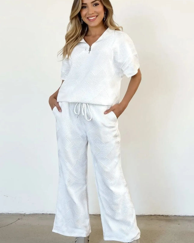 Double Take Full Size Texture Half Zip Short Sleeve Top and Pants Set White