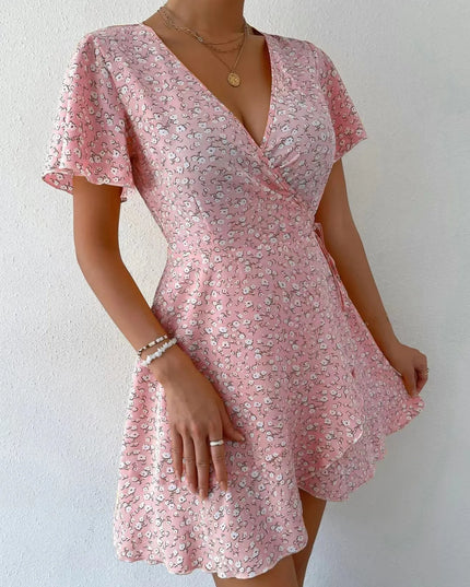 Floral Flutter Sleeve Wrap Mini Dress