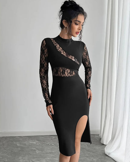 Lace Mock Neck Slit Dress
