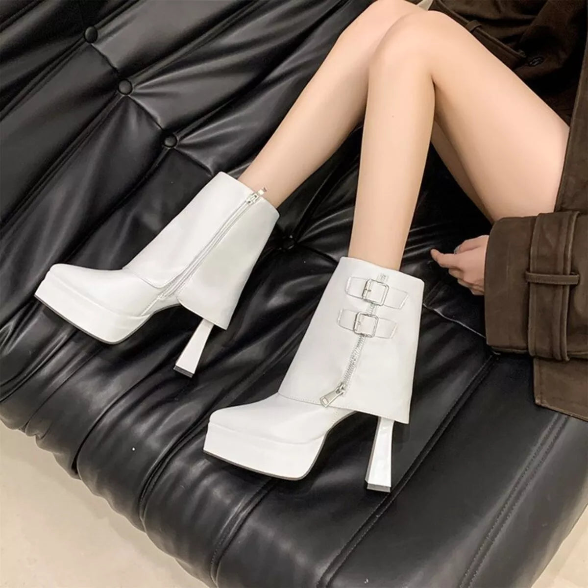 Point Toe High Heels Boots White