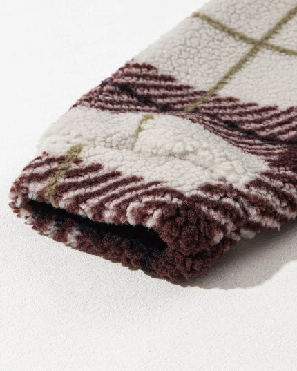 Plaid Buttoned Stand Collar Fleece Jacket