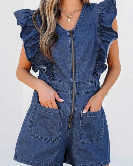 Denim Ruffled Zipped Front Belted Romper