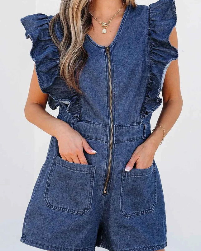 Denim Ruffled Zipped Front Belted Romper