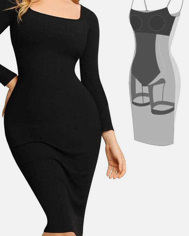 Basic Bae Full Size Built-In Shapewear Square Neck Long Sleeve Dress Black