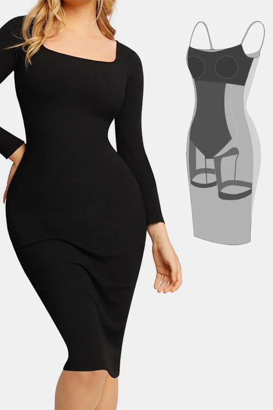 Basic Bae Full Size Built-In Shapewear Square Neck Long Sleeve Dress Black