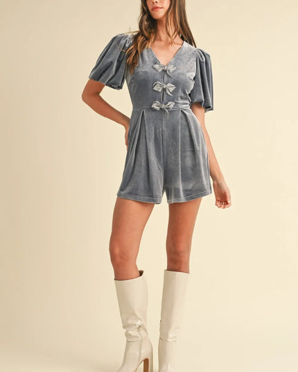Mable Jewel Bow Decor Puff Sleeve Velvet Romper