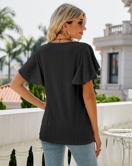 Eyelet Flutter Sleeve Round Neck Top