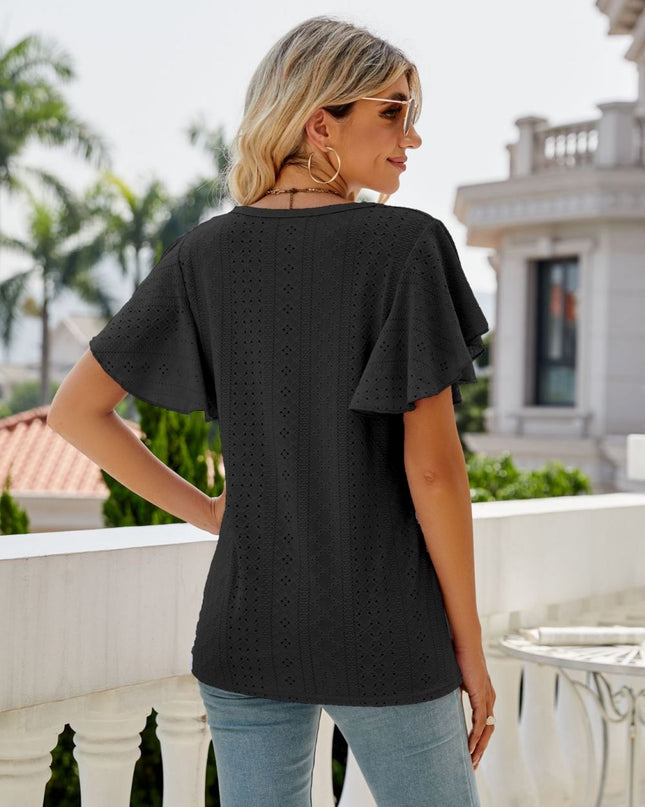 Eyelet Flutter Sleeve Round Neck Top