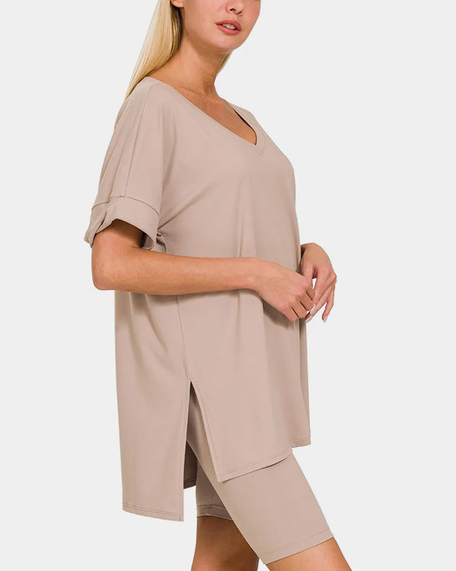 Zenana Full Size V-Neck Short Sleeve Slit T-Shirt and Shorts Set Ash Mocha
